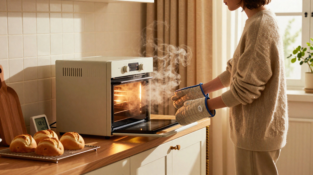 Pessoa usando luvas térmicas retirando pão assado e quente de forno em cozinha iluminada pelo sol.