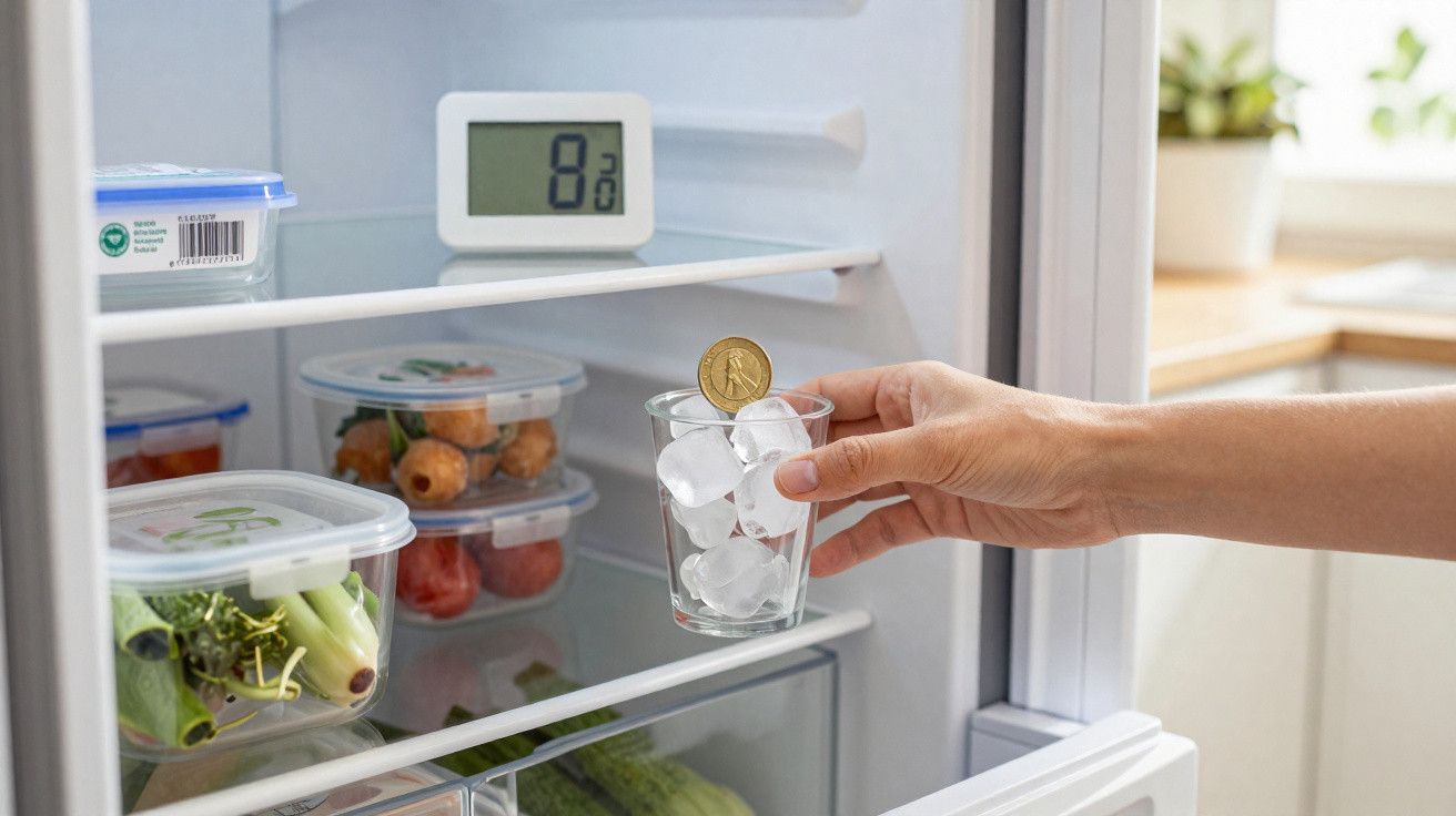 Mão colocando uma moeda em copo com gelo dentro da geladeira com alimentos em potes plásticos.