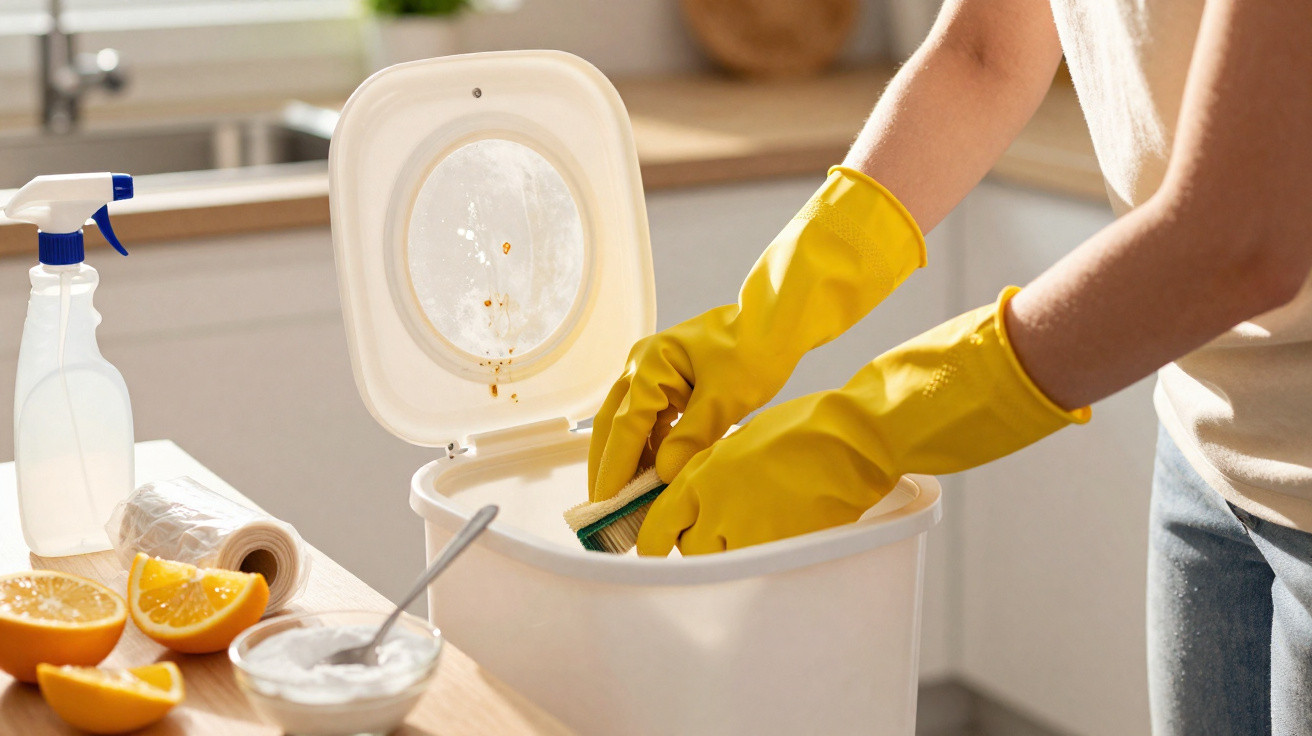 Pessoa usando luvas amarelas limpando lixo doméstico com esponja em cozinha iluminada pela manhã.