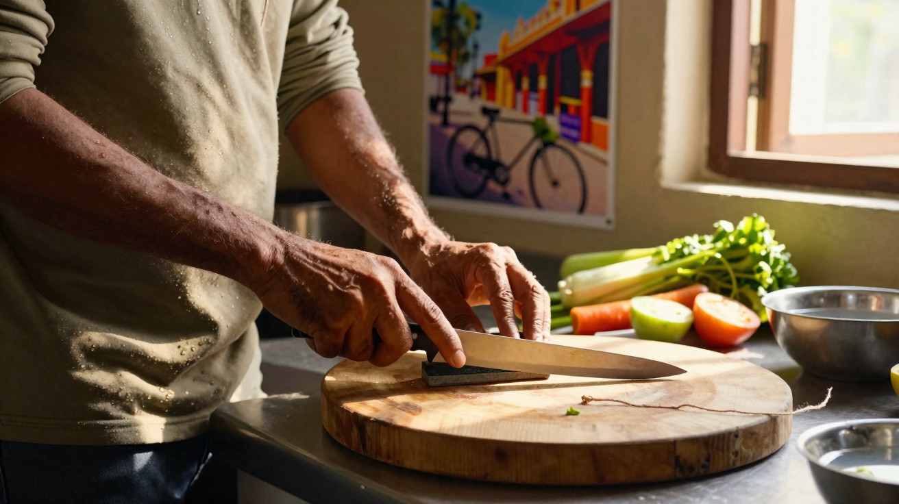 Pessoa afia faca em tábua de madeira na cozinha com legumes ao fundo e luz natural pela janela.