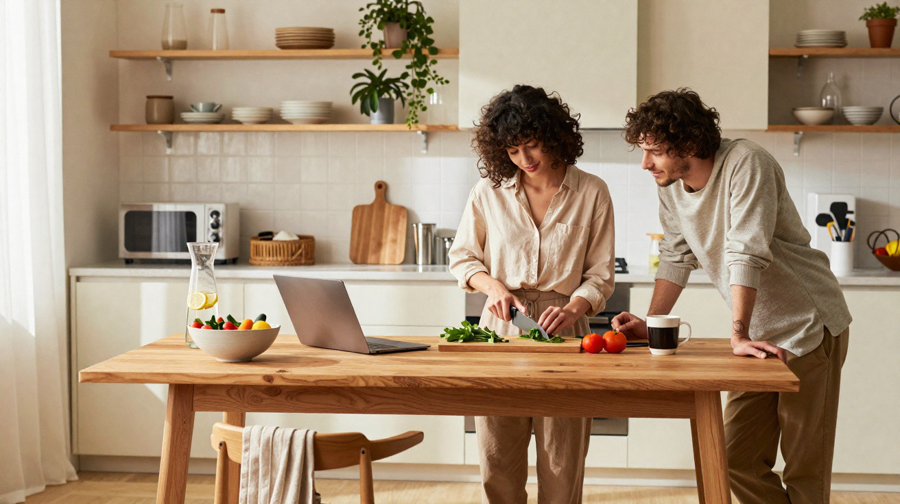 Casal jovem preparando salada na cozinha moderna com laptop e frutas sobre a mesa de madeira.