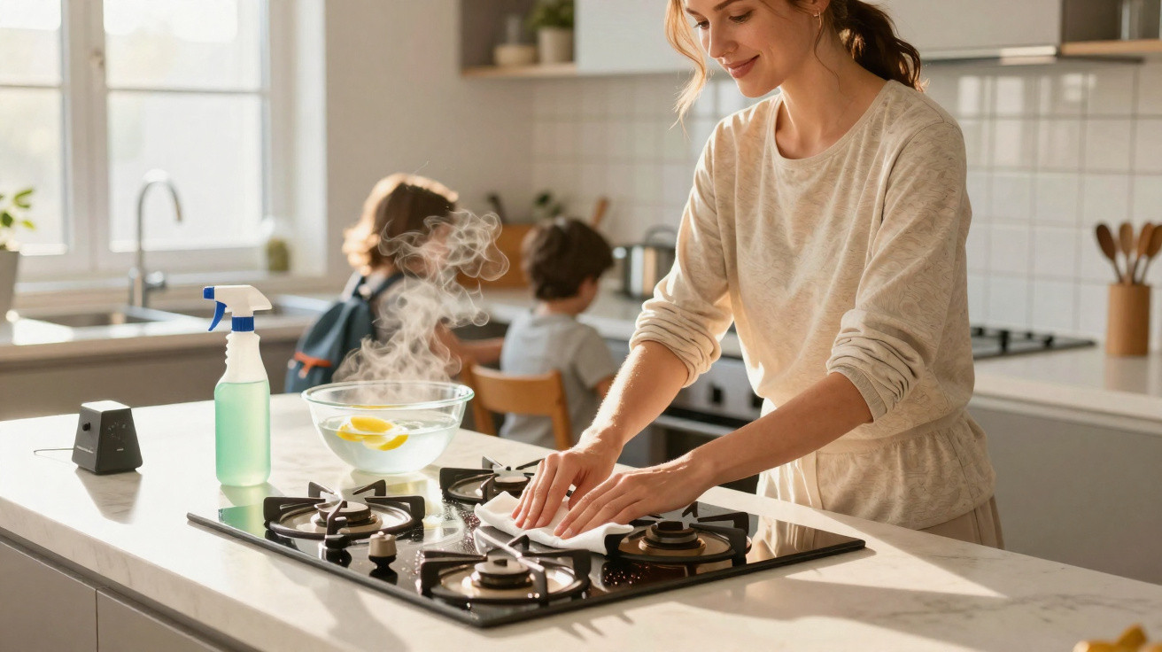 Mulher limpando fogão na cozinha com duas crianças ao fundo em ambiente iluminado e moderno.