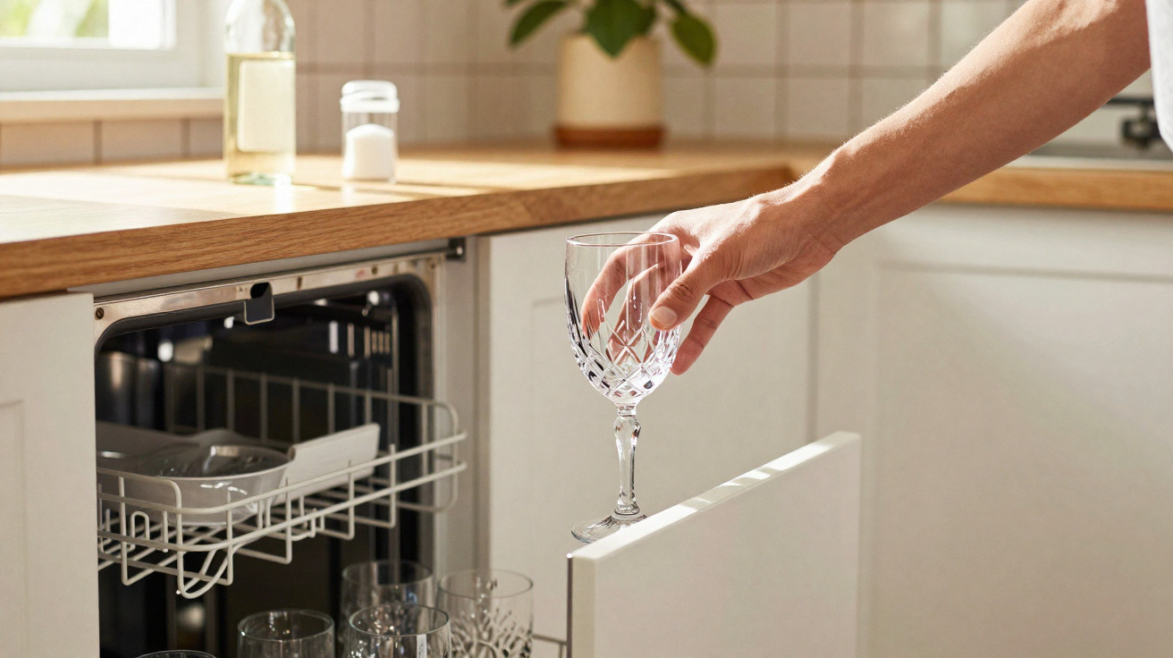 Mão retirando taça de cristal limpa de lava-louças embutida em cozinha clara com bancada de madeira.