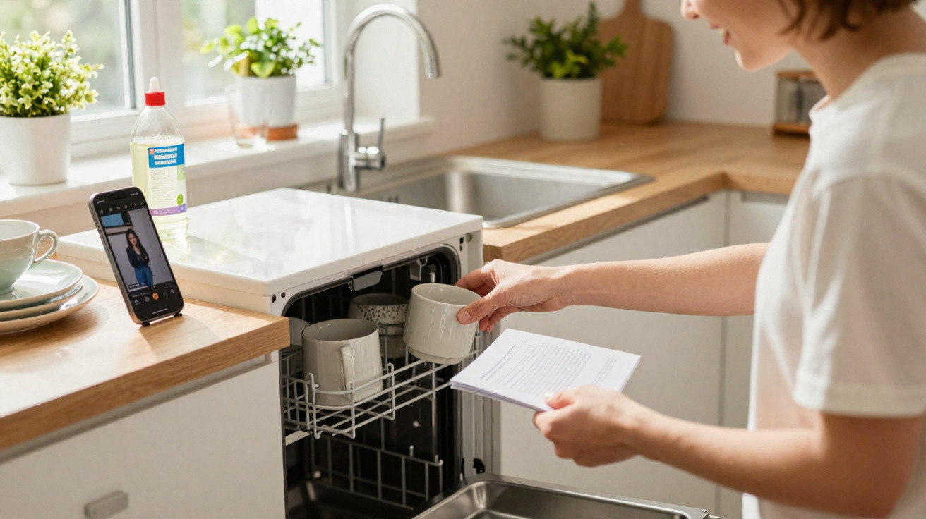 Pessoa colocando xícaras na máquina de lavar louça enquanto assiste a vídeo no celular na cozinha.