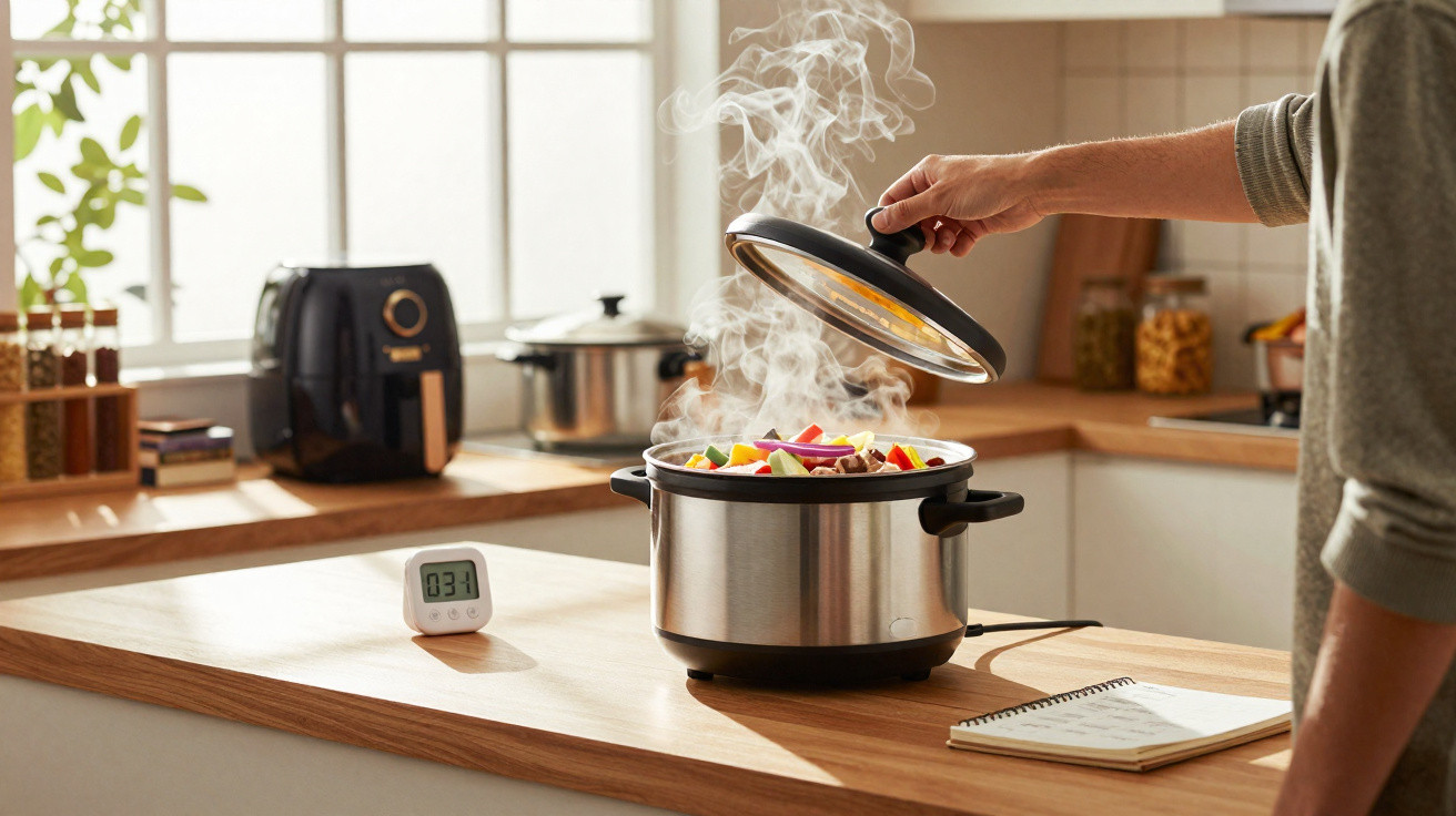 Pessoa abrindo tampa de panela elétrica com legumes e vapor na cozinha iluminada.
