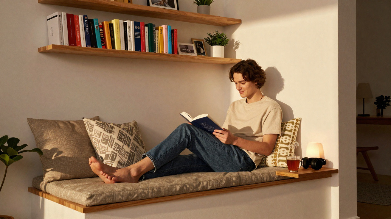 Pessoa lendo livro sentada em banco com almofadas, ao lado de xícara de chá e headphones, sob prateleiras com livros.