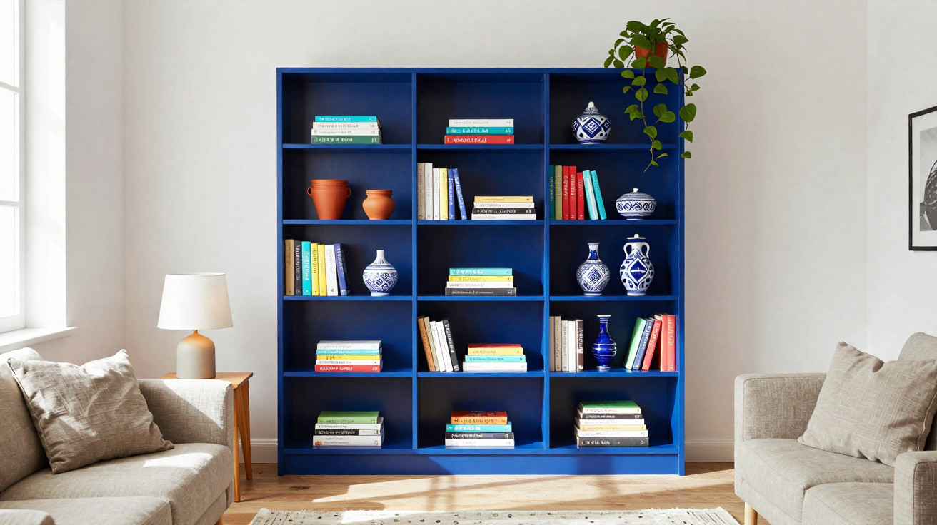 Estante azul cheia de livros e vasos decorativos entre dois sofás claros em sala iluminada.