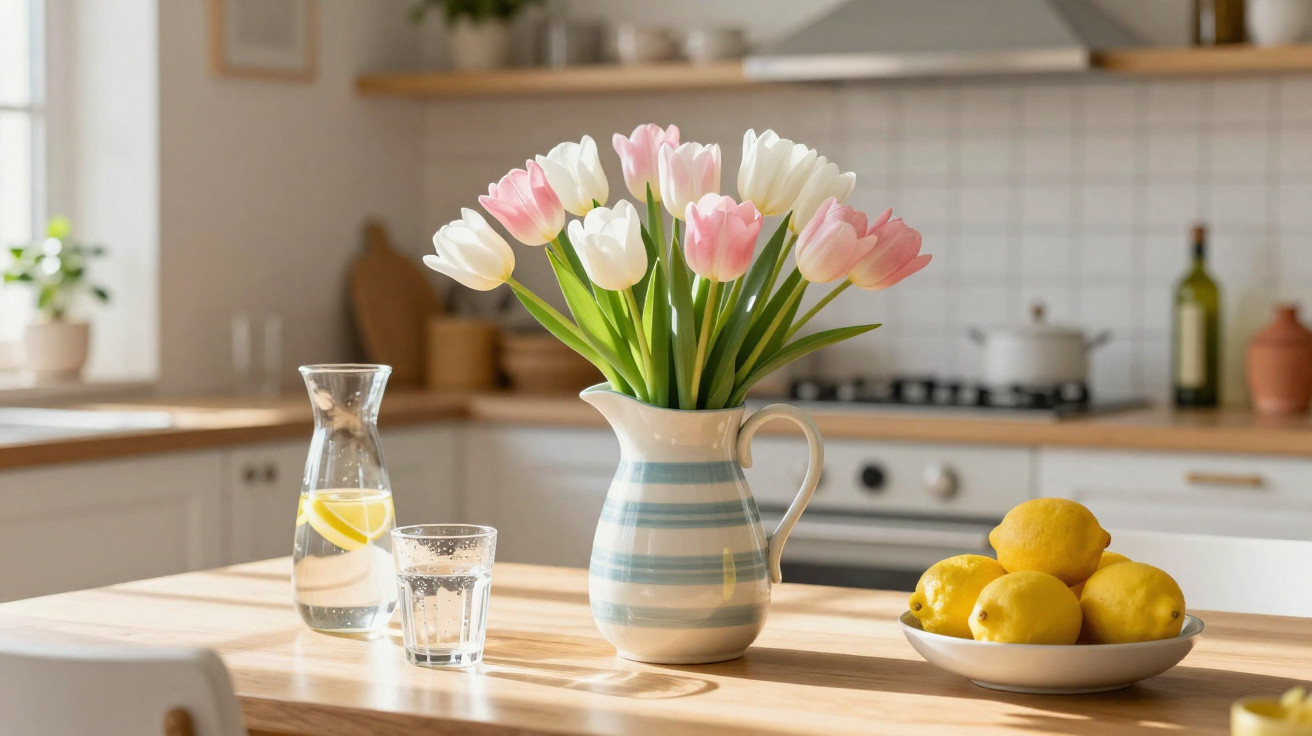 Vaso com tulipas brancas e rosas, jarra com água e limão e prato com limões em mesa de cozinha iluminada.