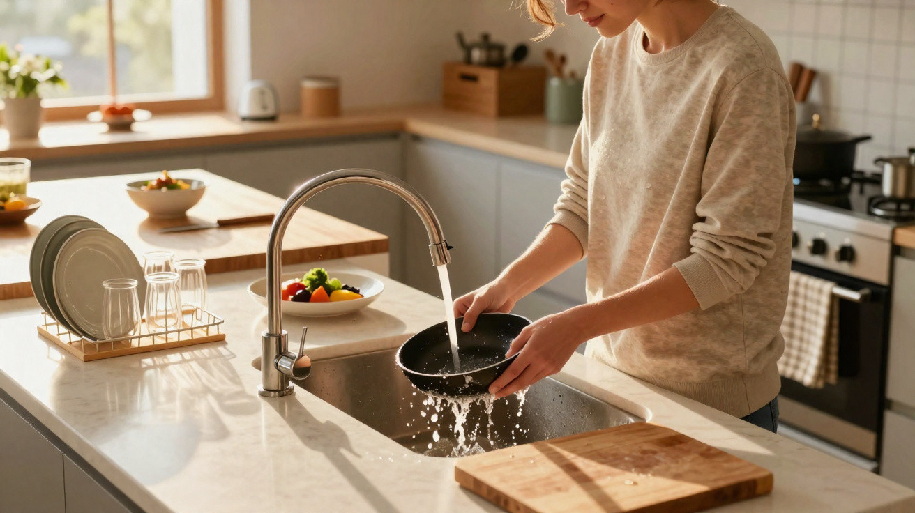 Pessoa lavando frigideira na pia de cozinha moderna com bancada de mármore e utensílios ao fundo.