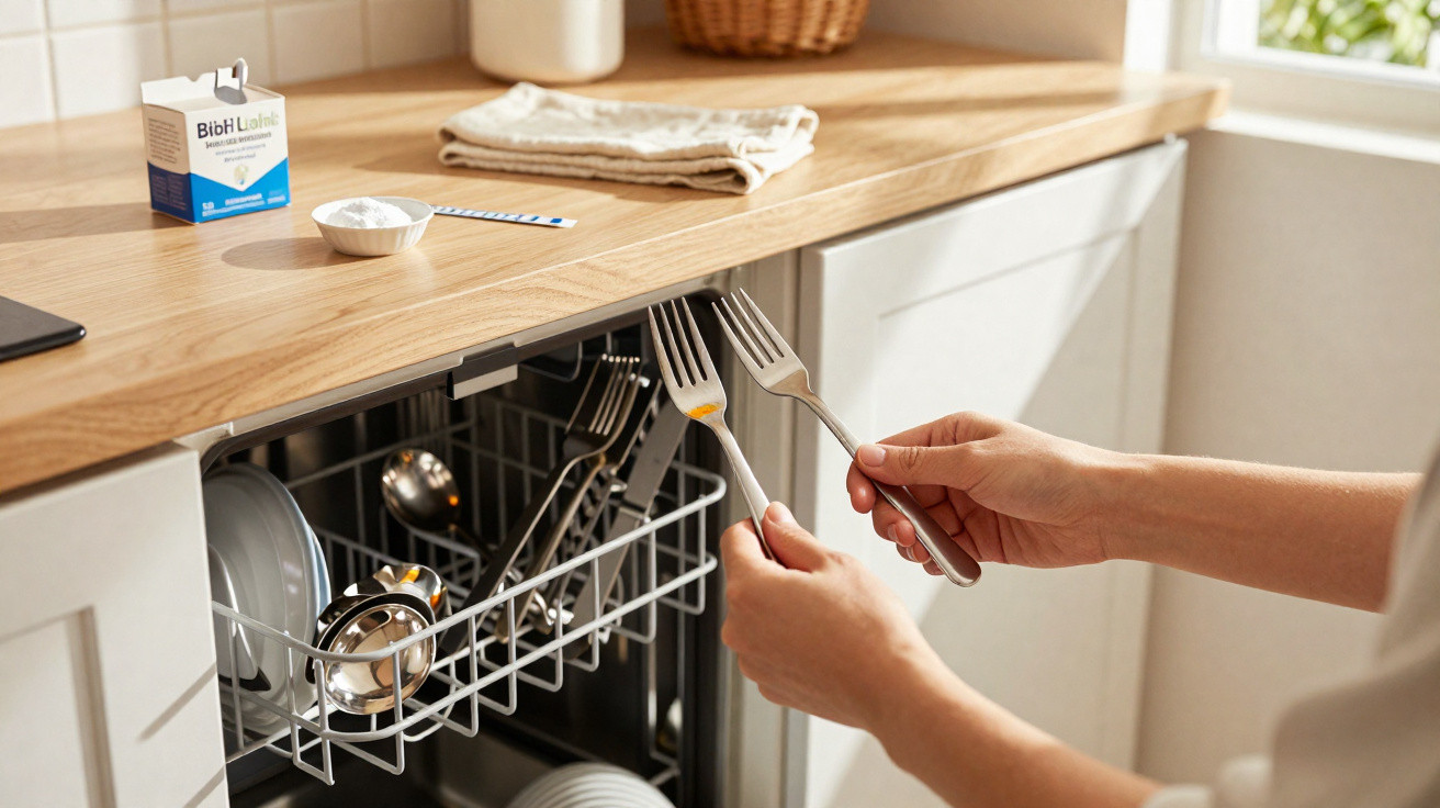Pessoa segurando dois garfos com restos de comida ao retirar de lava-louças em cozinha com bancada de madeira.