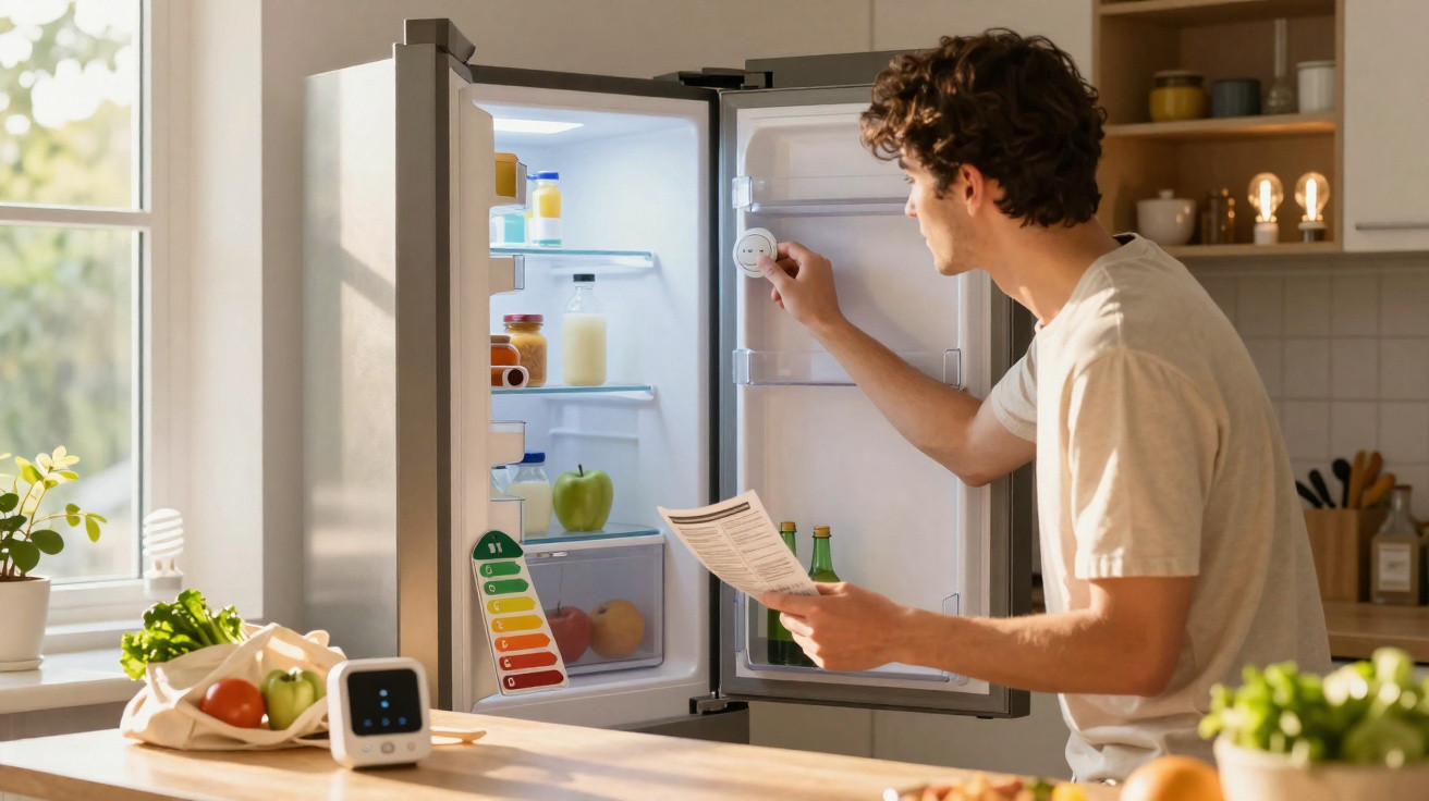Homem ajusta a temperatura da geladeira aberta na cozinha iluminada com alimentos e itens ao redor.