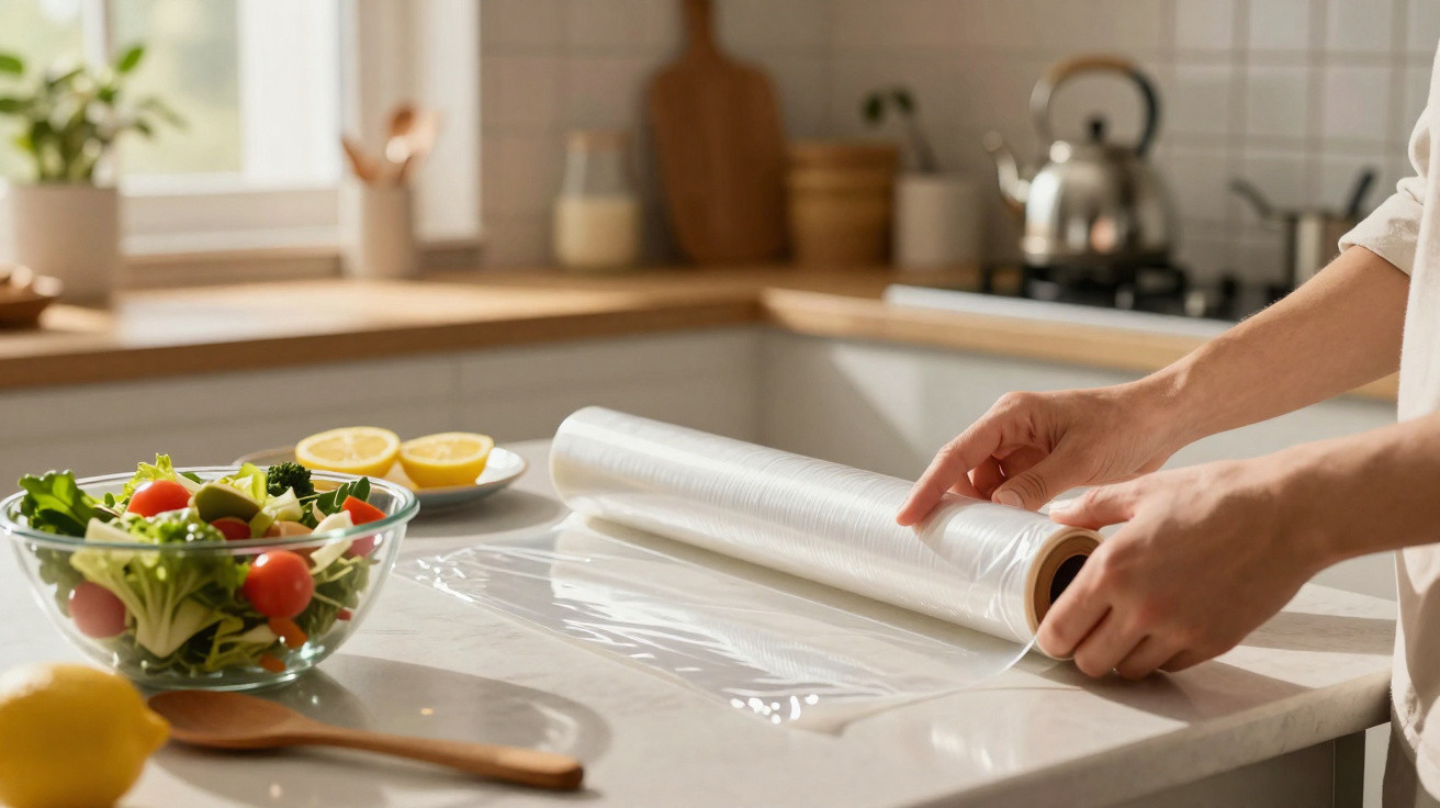 Mãos desembrulhando filme plástico sobre bancada de cozinha com salada e limões ao fundo.