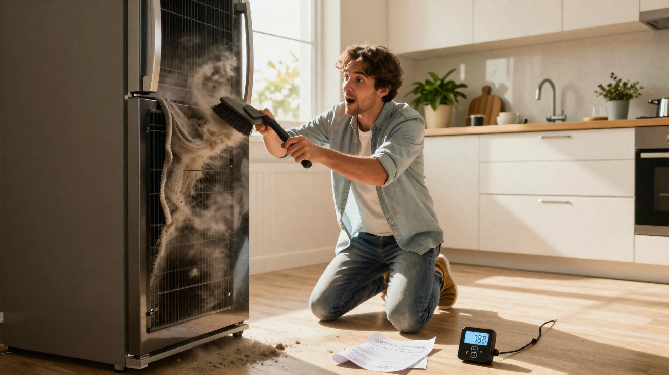 Homem surpreso limpando forno elétrico com escova, com sujeira e fumaça saindo do forno na cozinha.