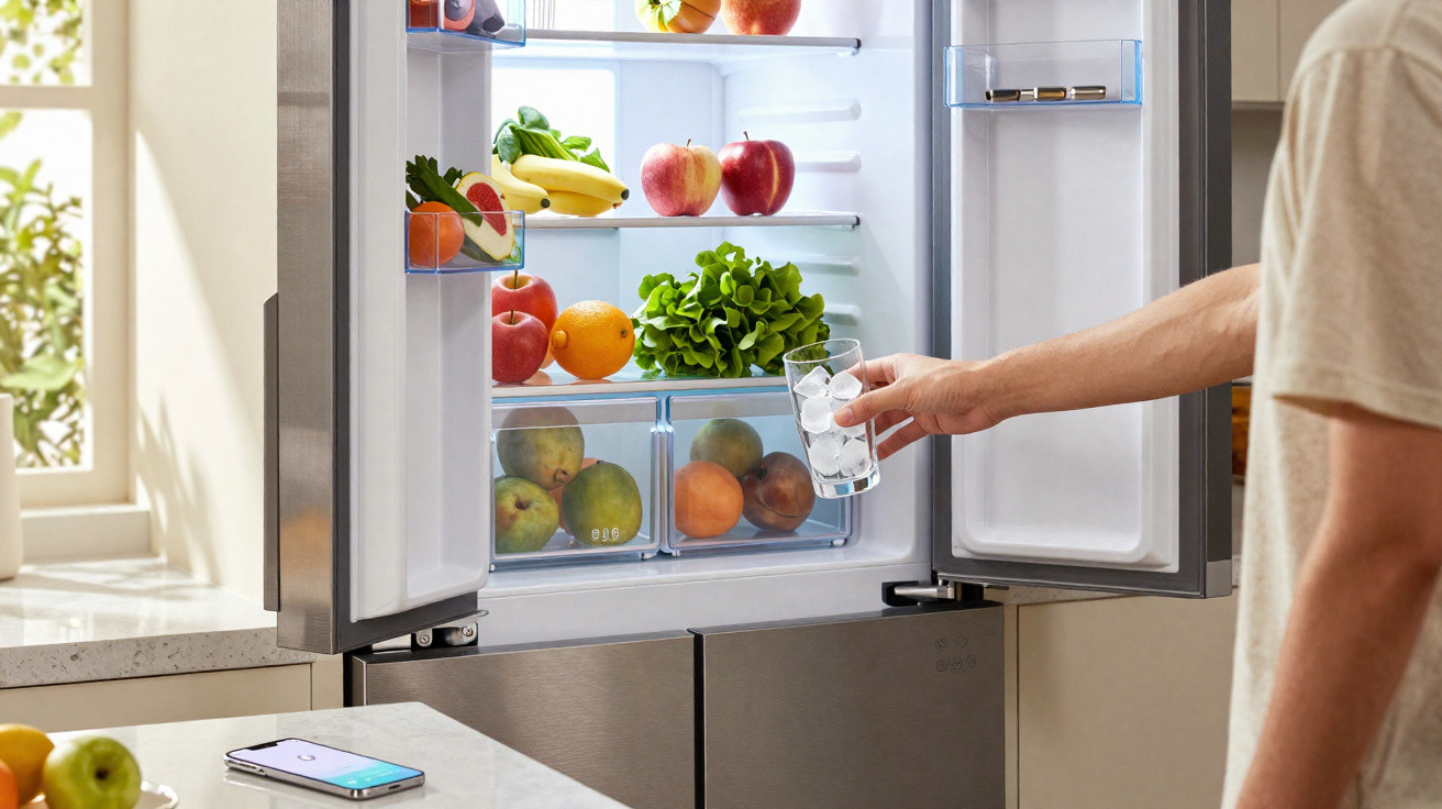 Geladeira aberta com frutas, verduras e braço segurando copo com gelo em cozinha iluminada.