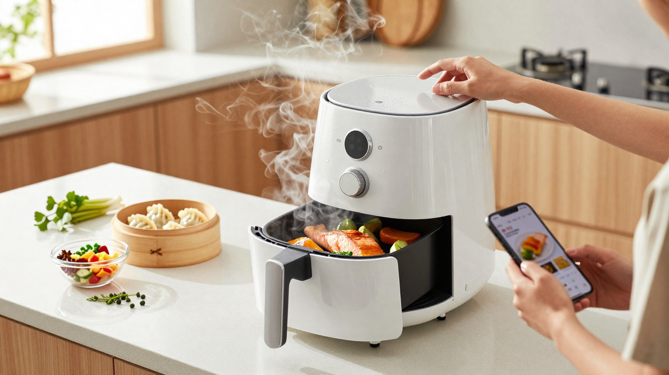 Pessoa usando uma air fryer branca para cozinhar salmão e vegetais na cozinha moderna.