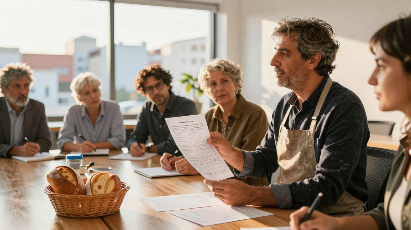 Grupo de pessoas em reunião ao redor de mesa com cesta de pães, homem com avental segurando documento.