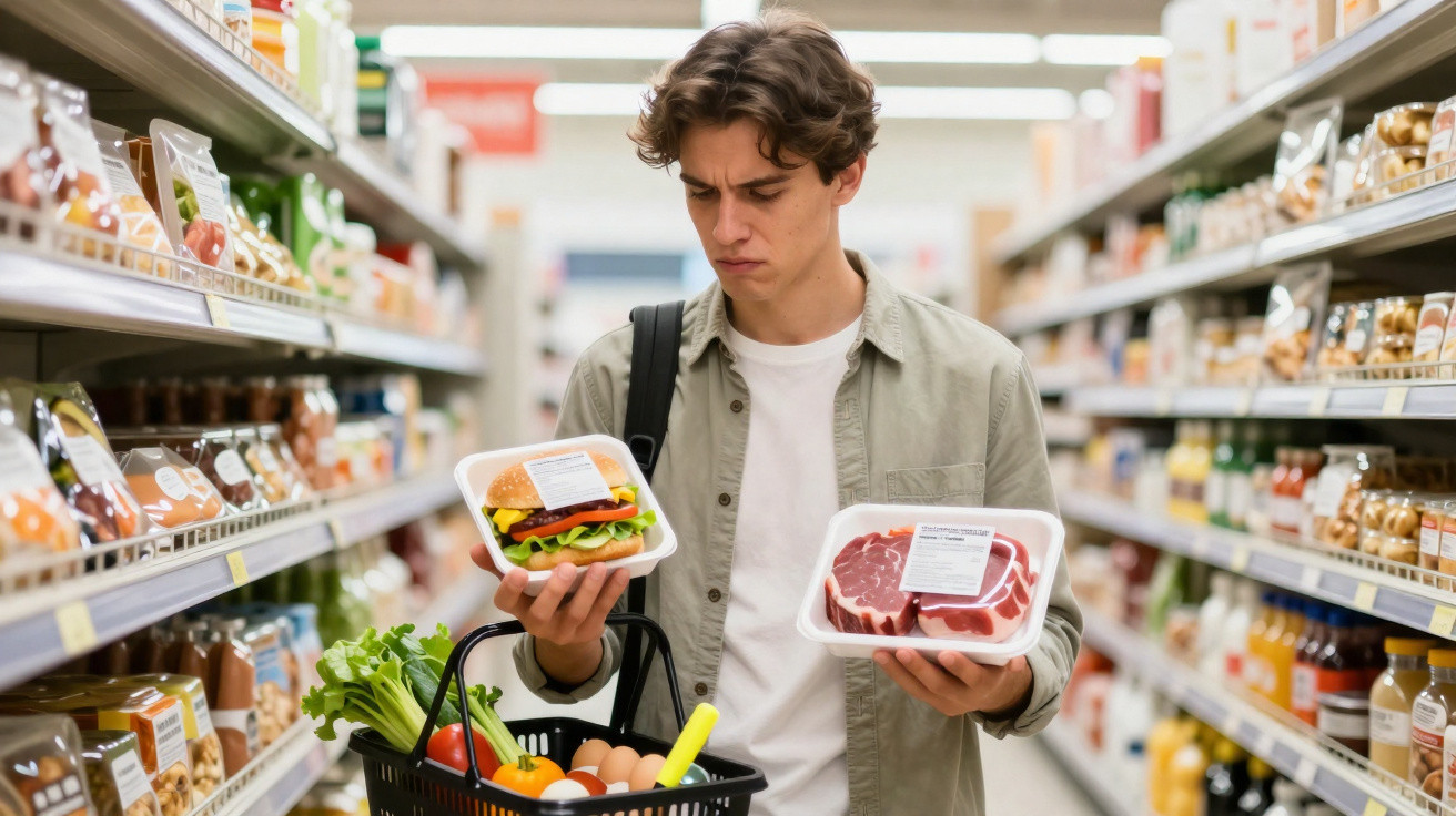 Jovem em supermercado segurando bandejas com hambúrguer e carne crua, avaliando qual comprar.