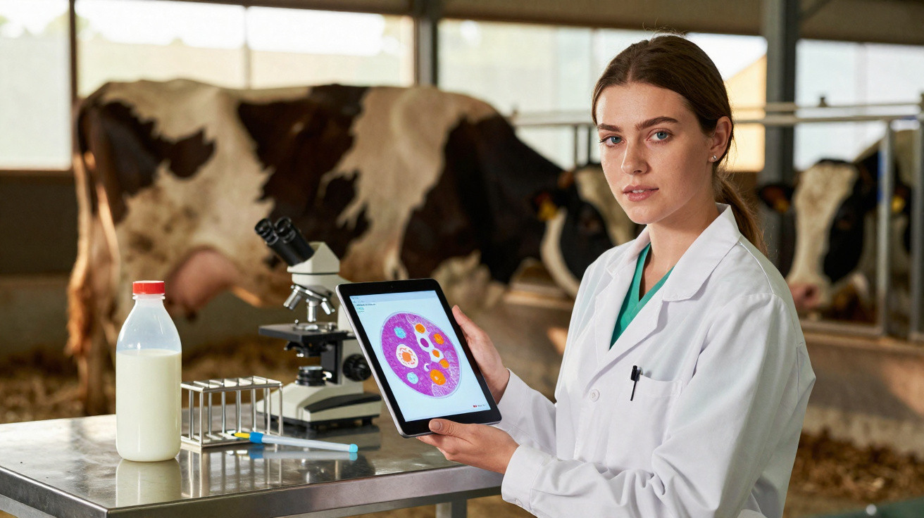 Mulher cientista em laboratório na fazenda segurando tablet com imagem de células, com vacas ao fundo.