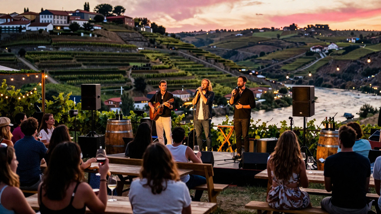Concerto ao pôr do sol em vinícola com público sentado e colinas ao fundo.