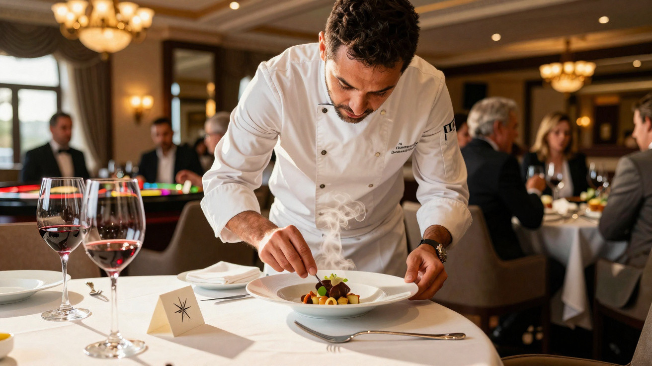 Chef masculino decorando prato fumegante em restaurante elegante com clientes ao fundo.