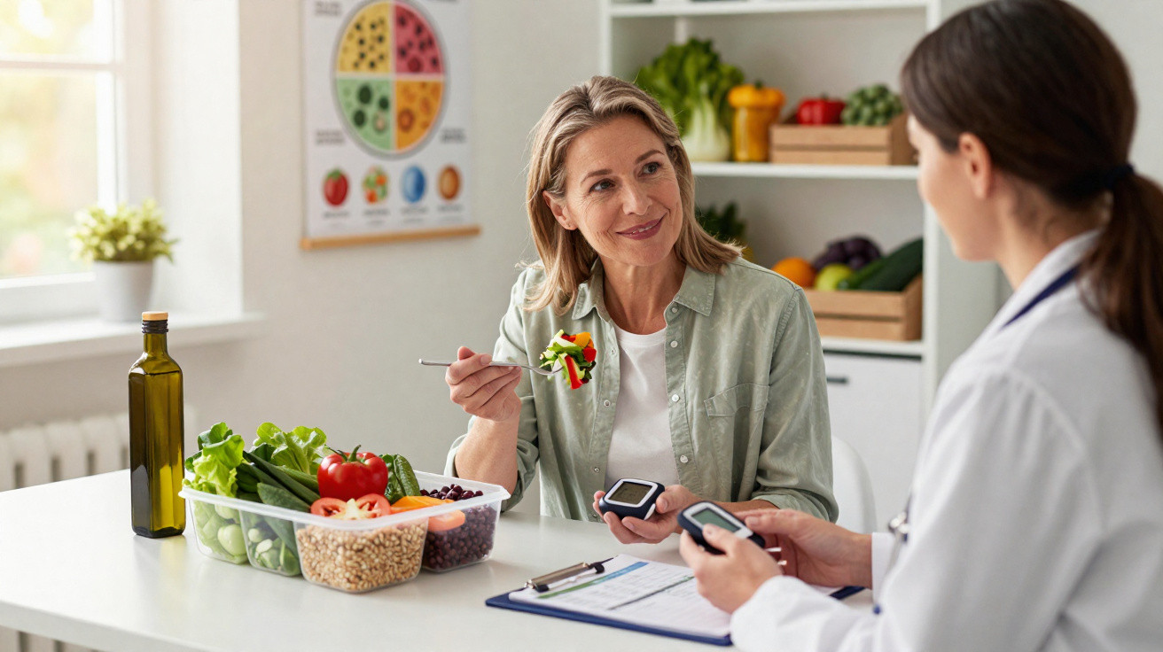 Mulher comendo salada consulta nutricionista para orientações sobre alimentação saudável.
