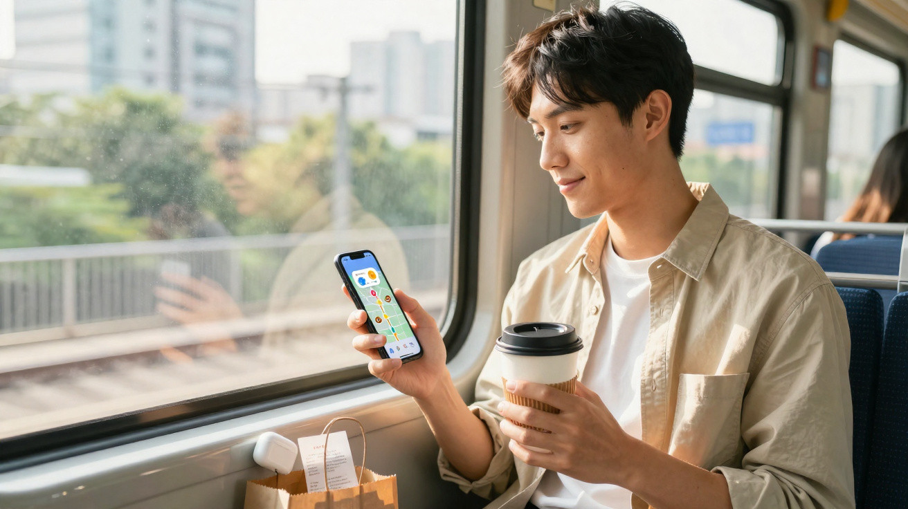 Homem segurando celular e copo de café sentado em janela de trem com sacola de compras ao lado.