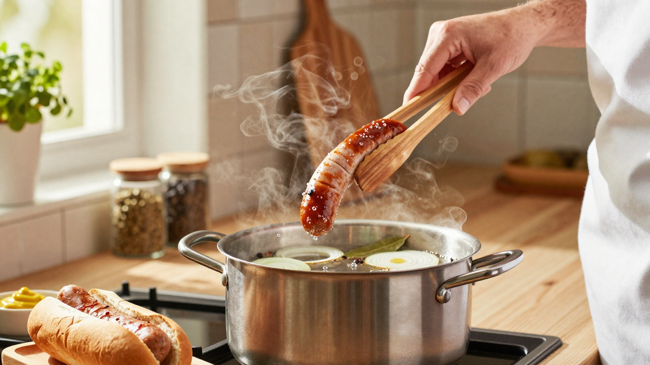 Mão segurando salsicha com pegador sobre panela fumegante com cebolas na cozinha.
