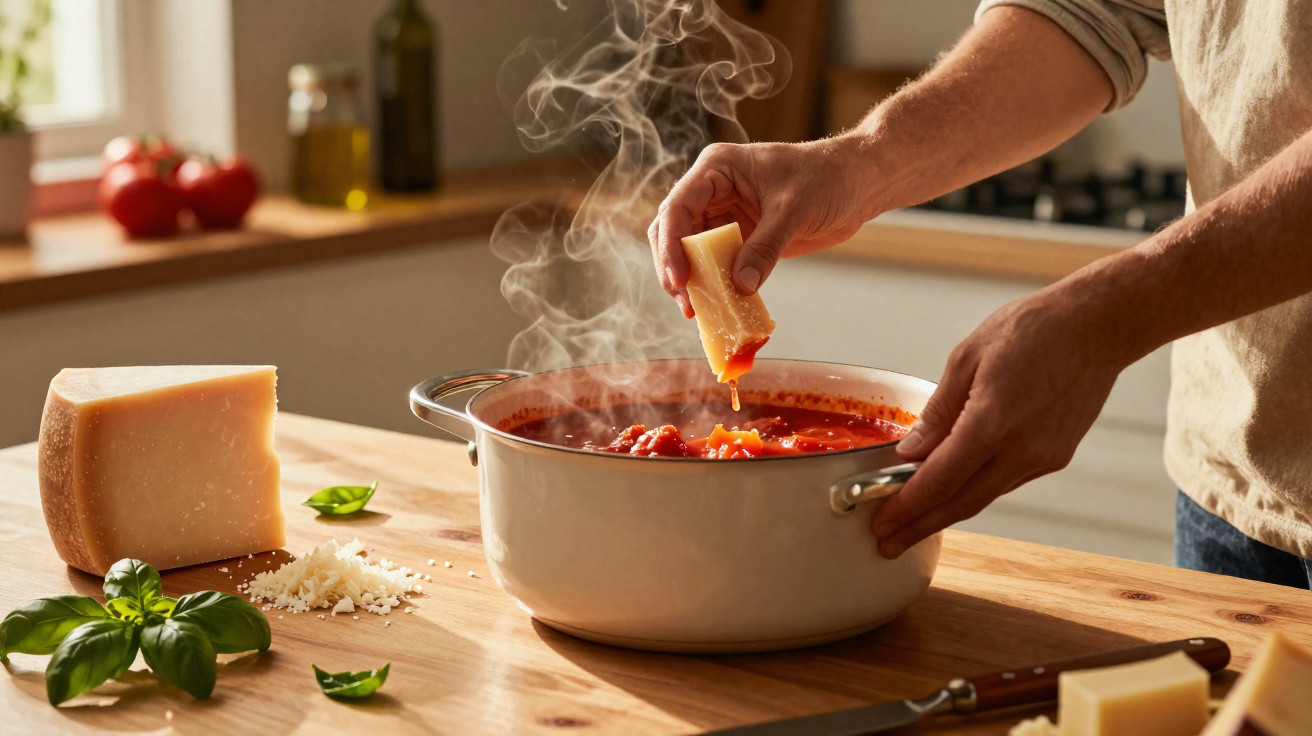 Pessoa ralando queijo sobre panela branca com molho de tomate quente na cozinha.