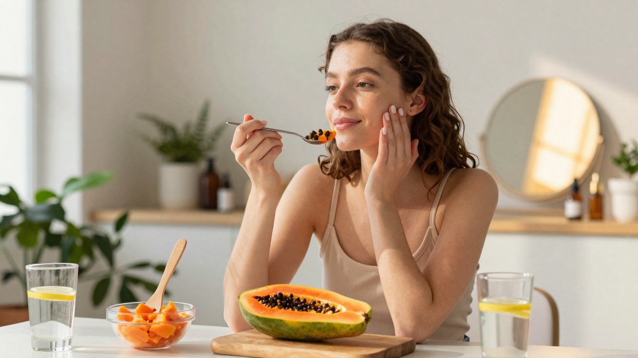 Mulher sorridente comendo mamão em pedaços sentada à mesa em ambiente claro e aconchegante.