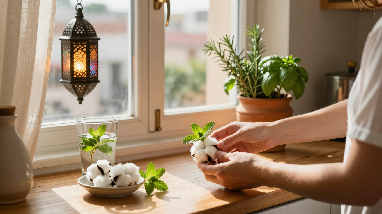 Pessoa segurando flor de algodão em cozinha com plantas e lanterna decorativa na janela.