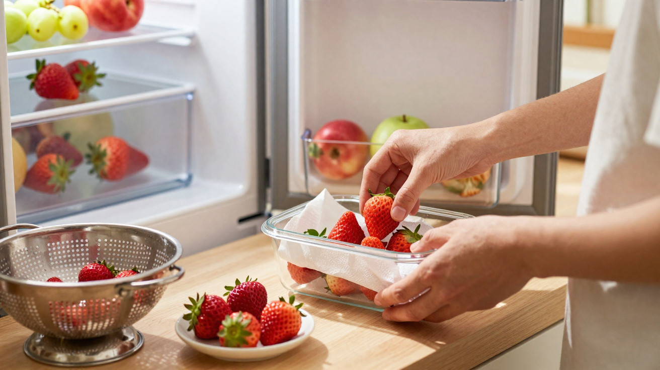 Mãos colocando morangos lavados em recipiente de vidro na cozinha, com frutas na geladeira ao fundo.