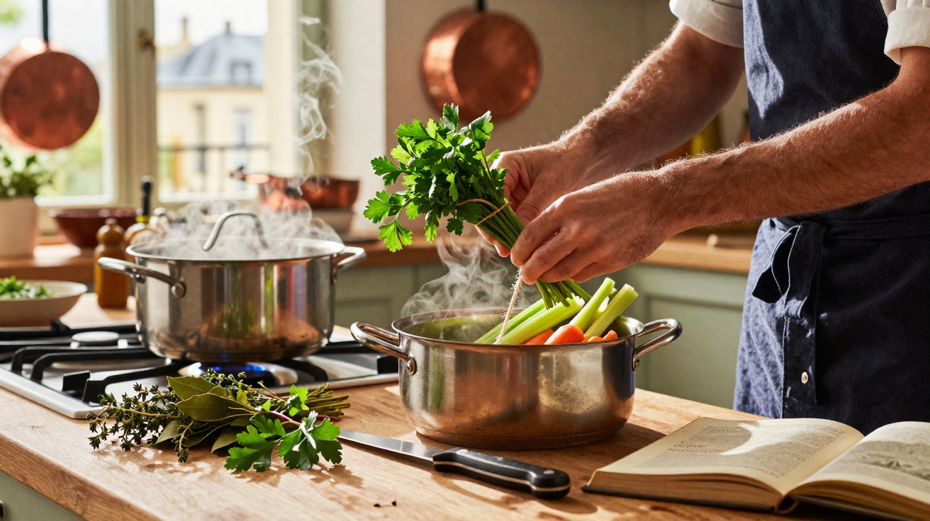 Pessoa preparando sopa com legumes e ervas em panela na cozinha, com livro aberto ao lado.