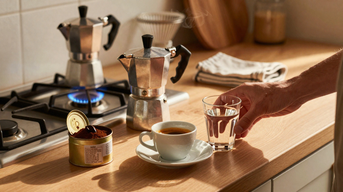 Mão pegando copo d’água ao lado de café em xícara, moedor, e café sendo preparado em fogão.