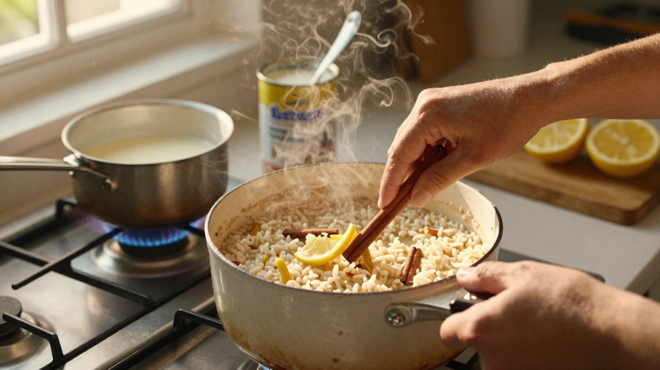 Mãos mexendo arroz com paus de canela e limão em panela no fogão com caldo fervendo ao fundo.