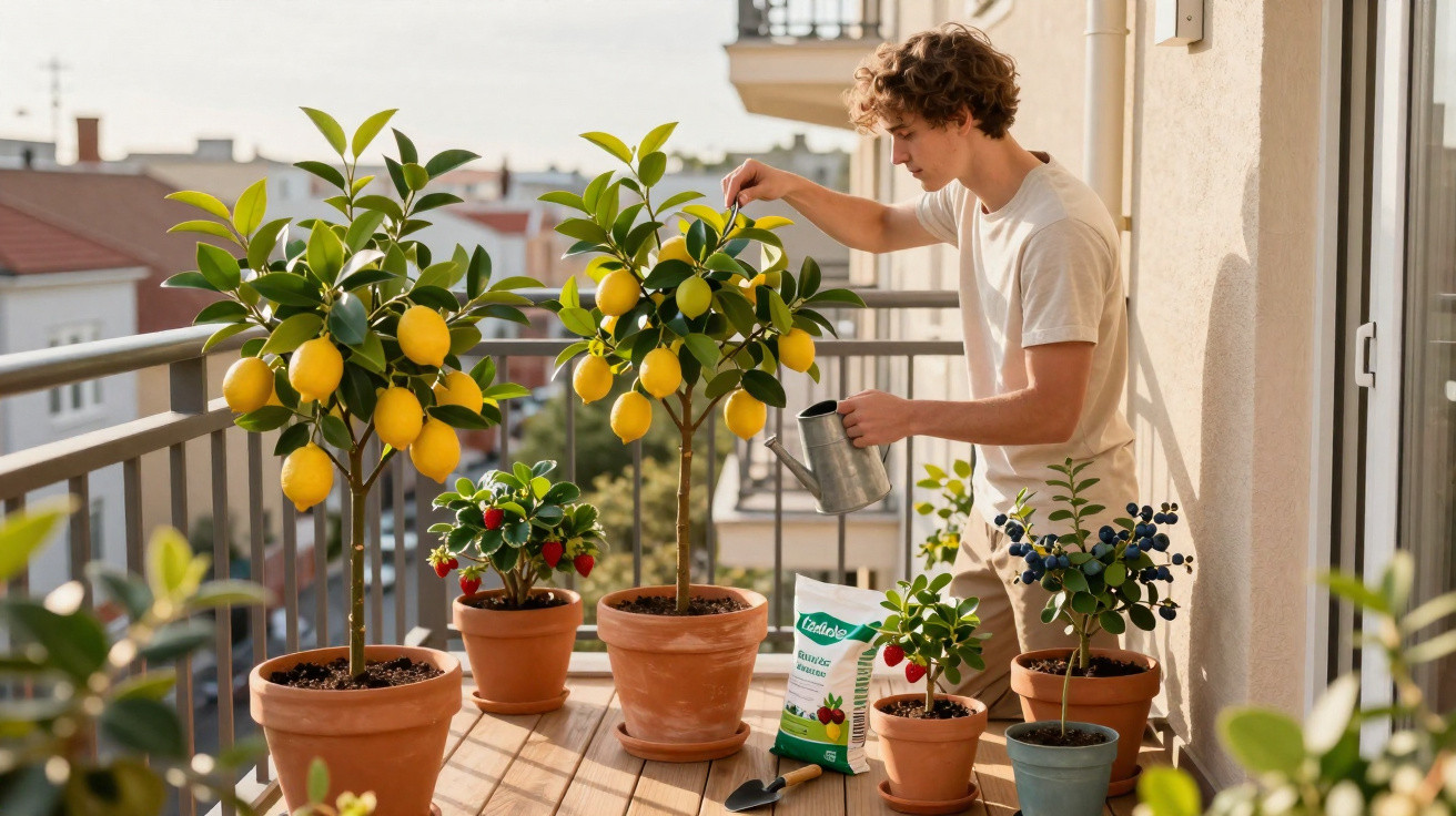 Jovem regando pés de limão e outras plantas em vasos no terraço de apartamento durante o dia.