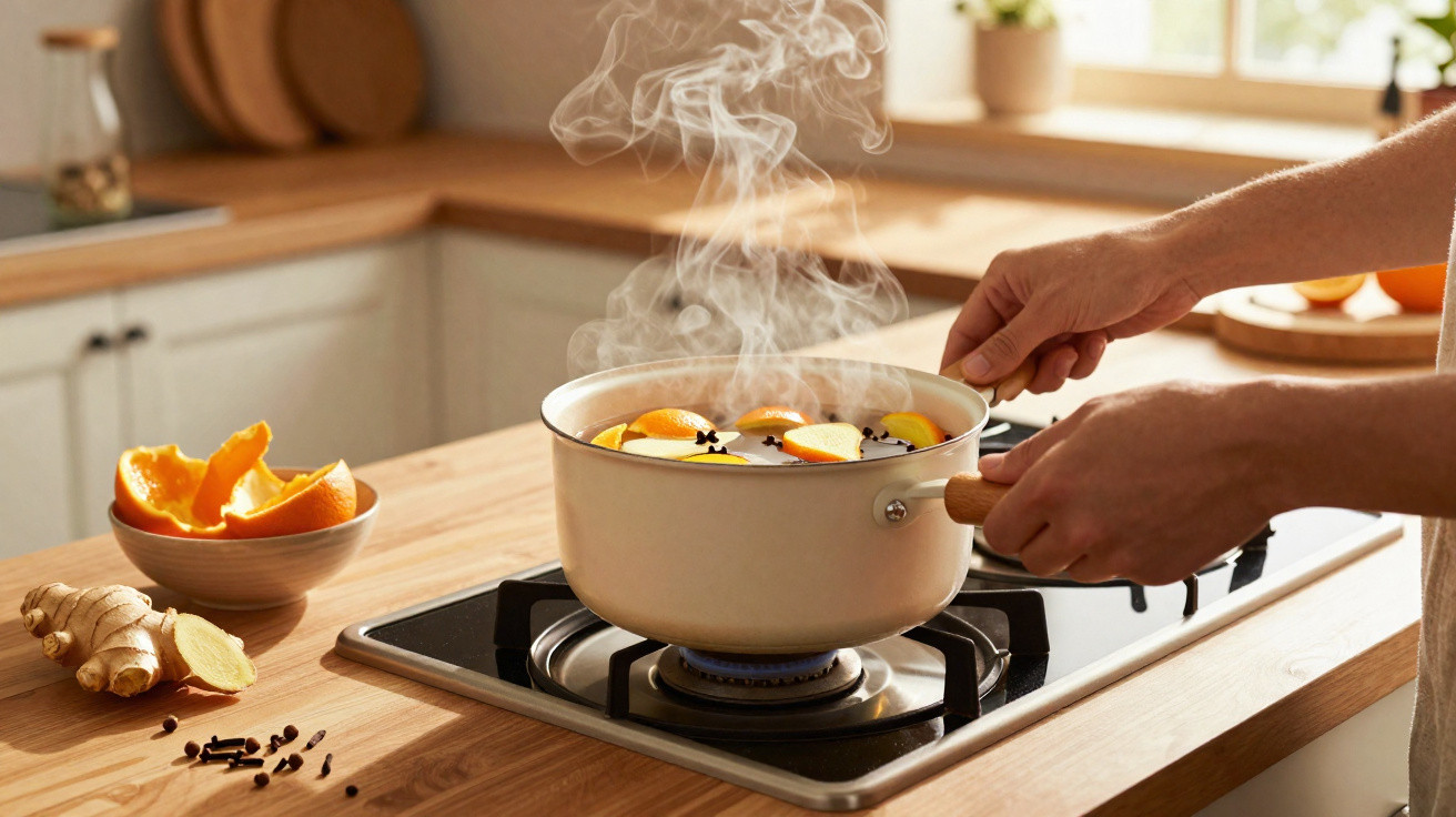 Mãos seguram panela fervendo com especiarias e fatias de laranja em fogão a gás na cozinha.