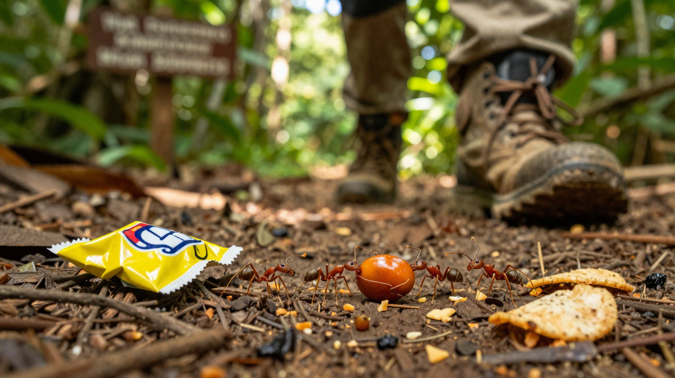 Formigas carregando migalhas e um pedaço de noz no chão da floresta perto de botas de trilha.