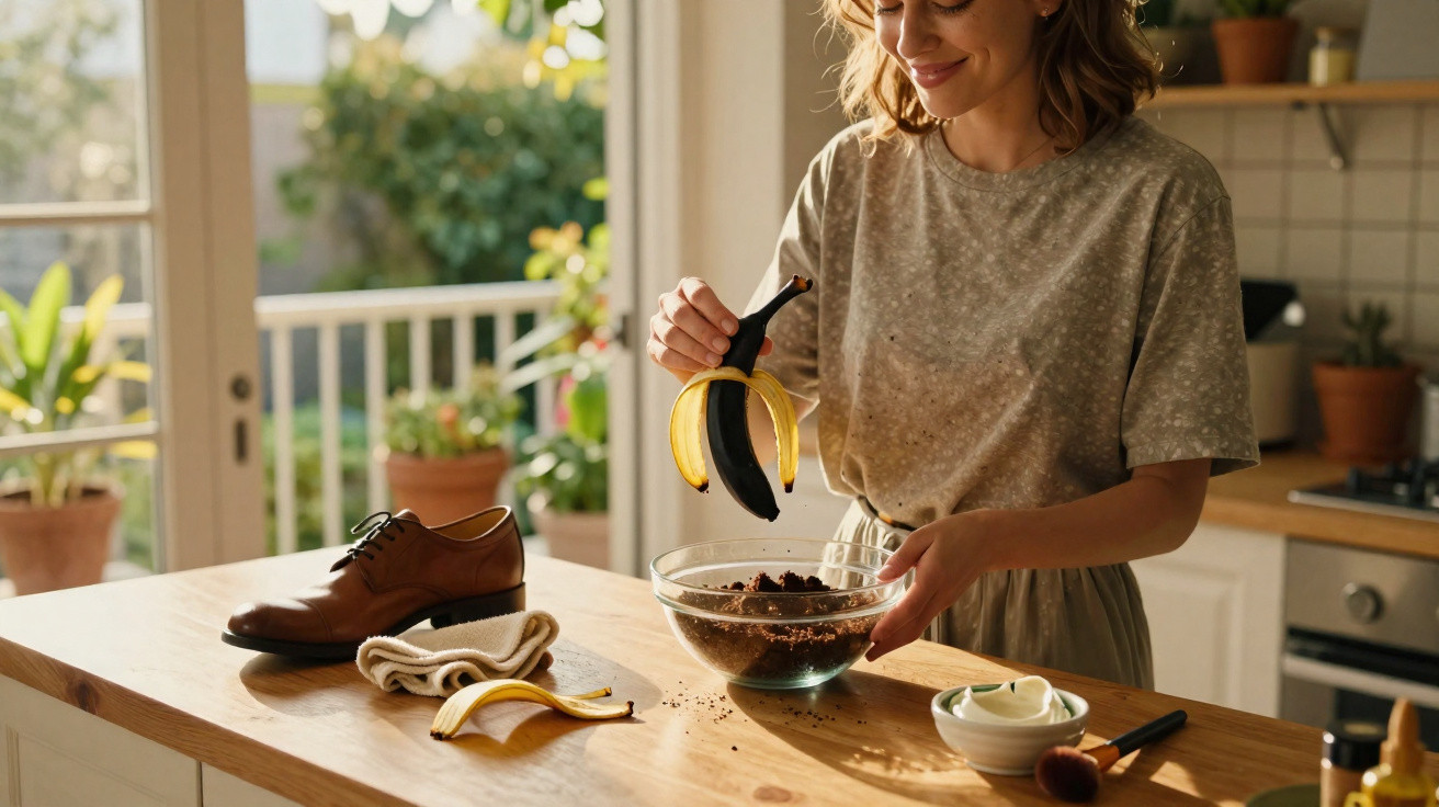 Mulher sorridente prepara comida com casca de banana preta em cozinha iluminada e arrumada.