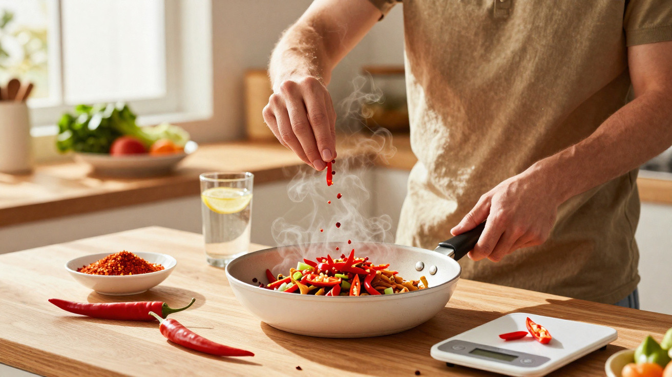 Homem tempera legumes com pimenta vermelha em frigideira na cozinha iluminada.