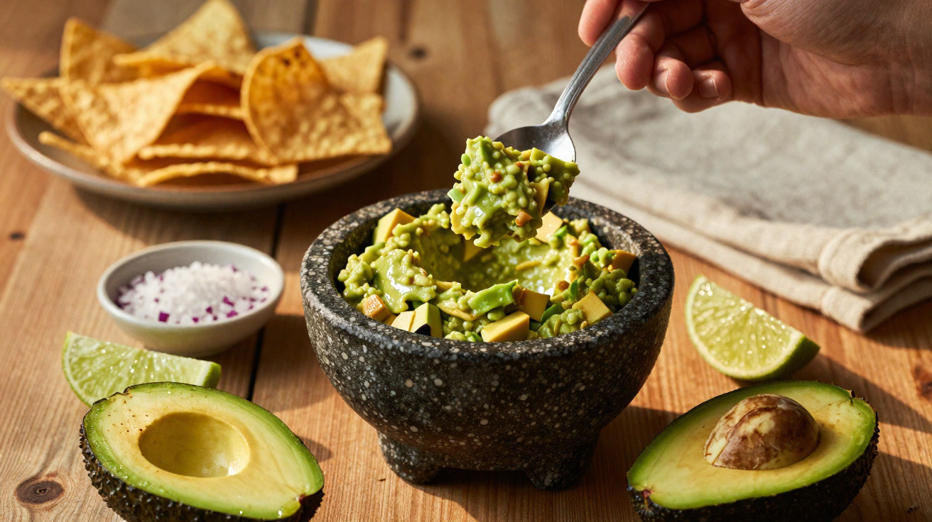 Pote de pedra com guacamole, fatias de abacate, limão, sal e tortilhas em cima de mesa de madeira.