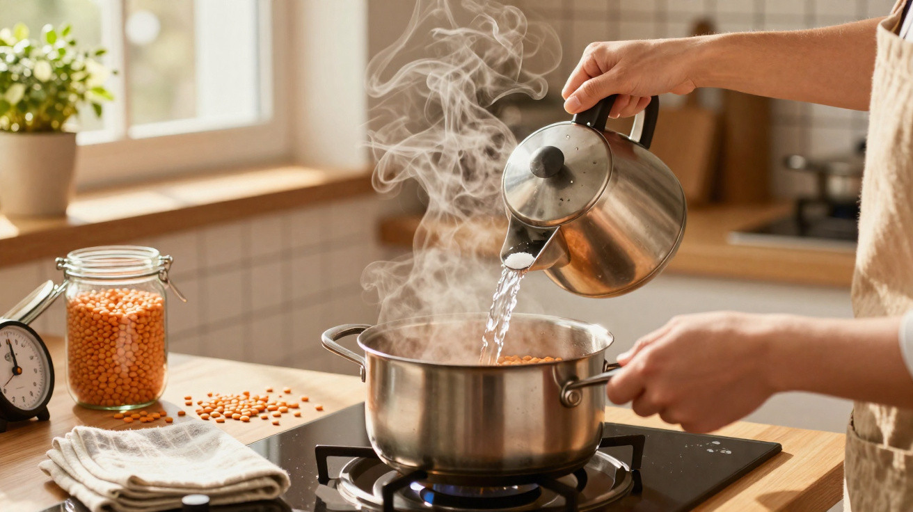 Mãos despejando água quente de chaleira em panela com lentilhas na cozinha ensolarada.