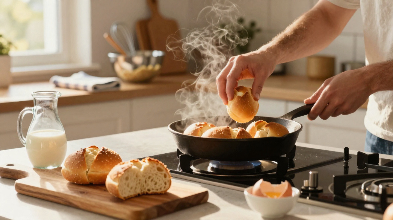 Pessoa colocando pãezinhos em frigideira no fogão a gás em cozinha com jarra de leite e tábua de madeira.