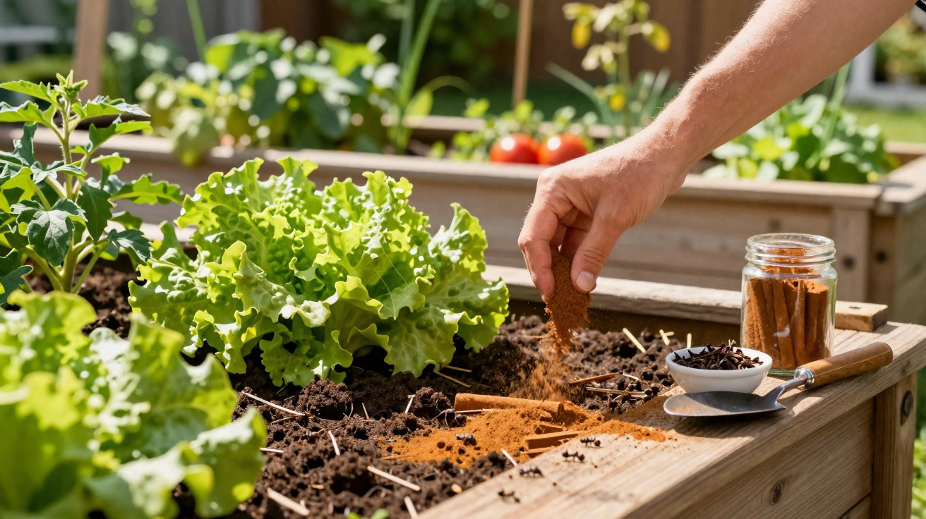 Pessoa adiciona especiarias ao solo em canteiro com alface e tomate plantados em horta urbana.