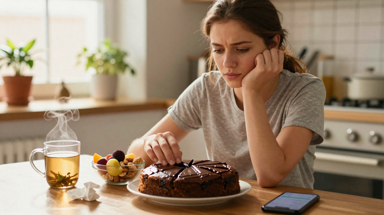 Mulher pensativa olhando para fatia de bolo de chocolate em cozinha com chá e frutas na mesa.