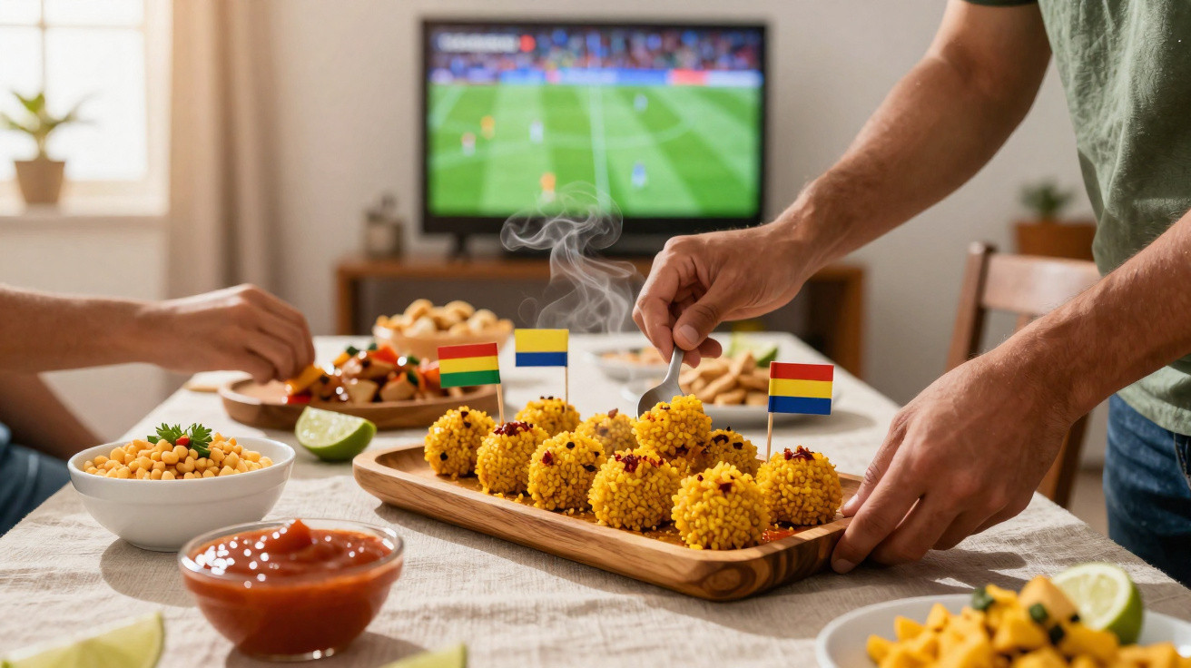 Pessoa servindo bolinhos amarelos com bandeiras de futebol sobre mesa com petiscos e televisão ao fundo.