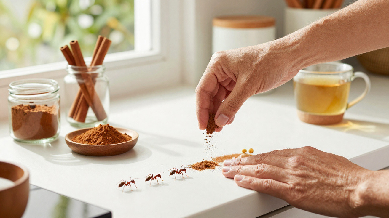 Mãos espalhando pó de canela para afastar formigas em bancada de cozinha com xícara de chá ao fundo.
