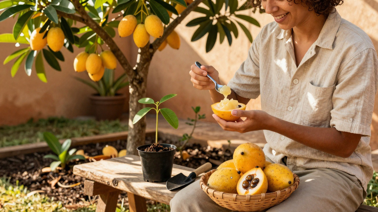 Pessoa sorridente comendo fruta amarela em pote com colher, ao lado de cesta com frutas e muda em vaso.