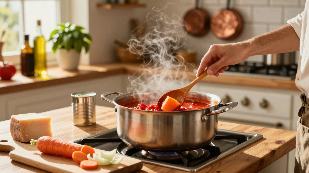 Pessoa mexendo panela com molho vermelho fervente e legumes frescos em bancada de cozinha.