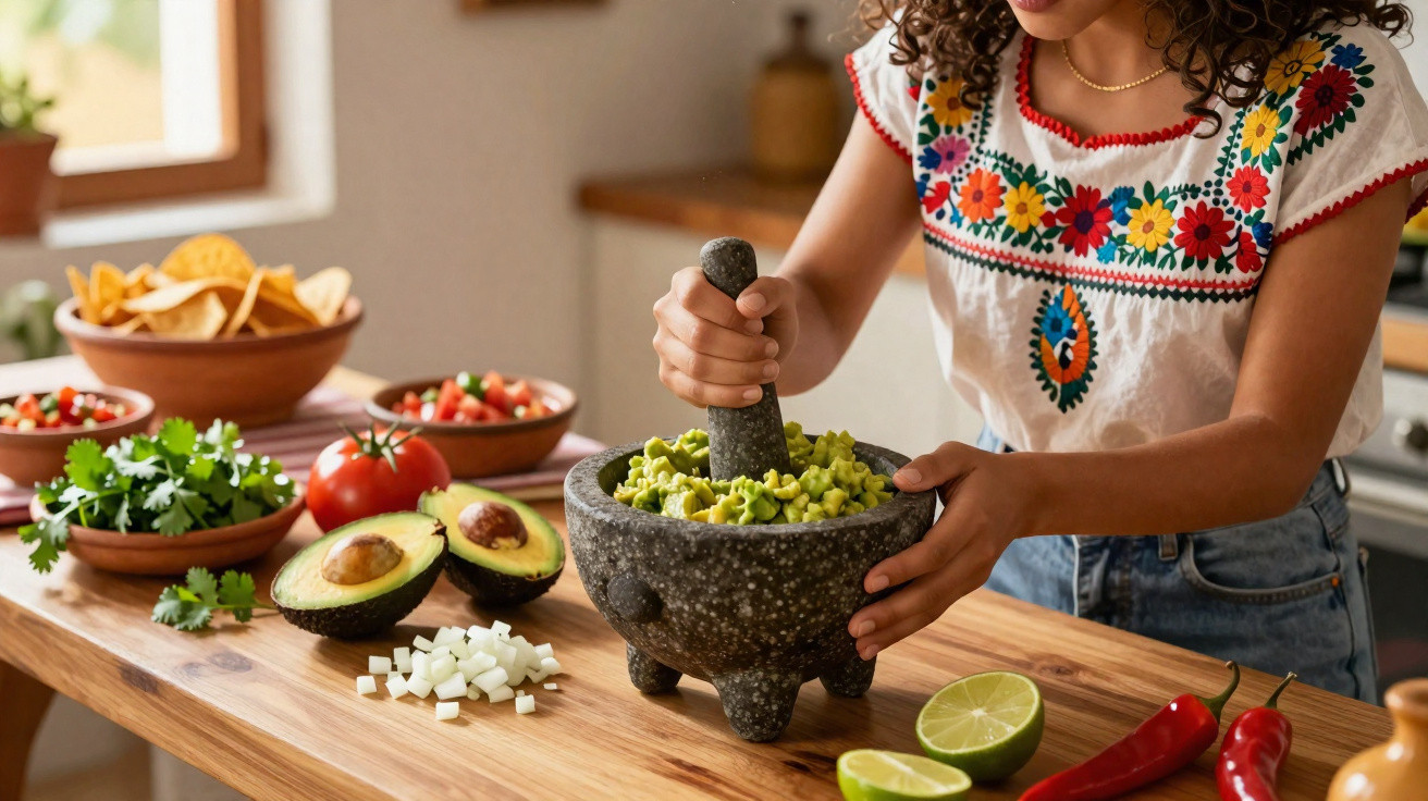 Pessoa preparando guacamole em pilão com ingredientes frescos sobre a mesa de madeira na cozinha.