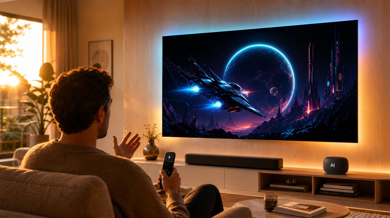 Homem sentado no sofá controlando TV grande com imagem de nave espacial em planeta futurista.